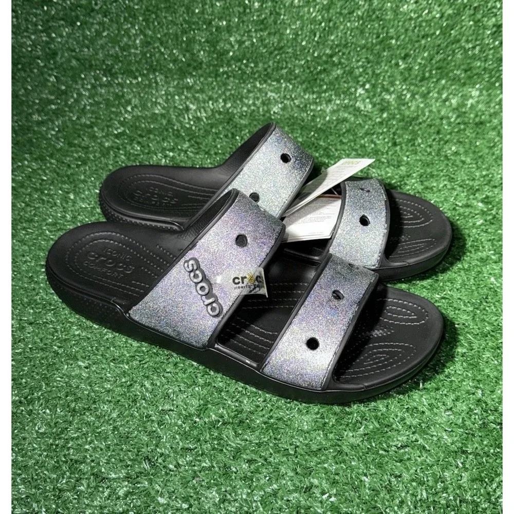 NEW! Crocs Glitter Strap Slide Sandals Black Silver Women's Size 14 Men's‎ 12